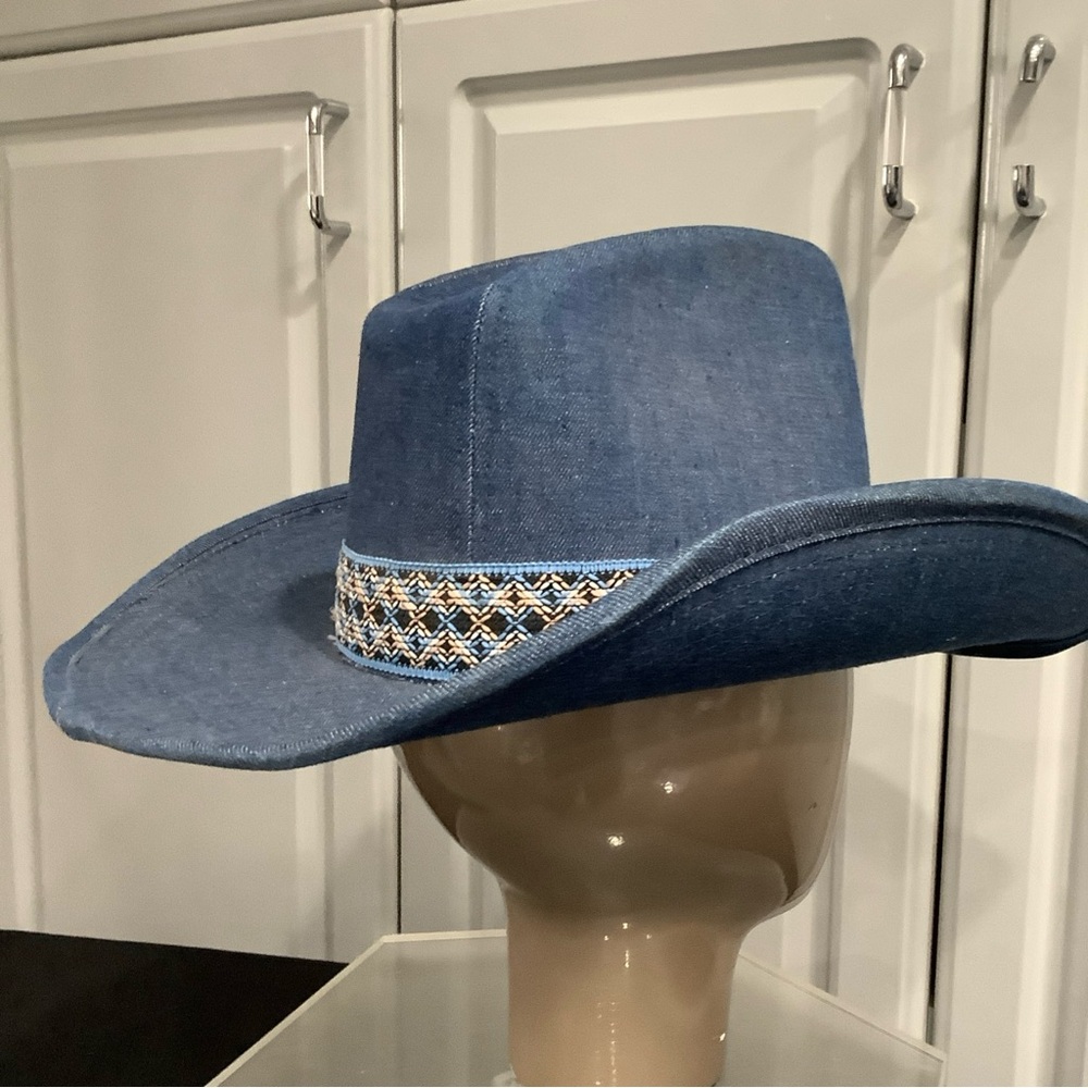 Vintage 70’s YA Youngan Blue Jean Denim Cowboy Western Hat Chevron Band - Picture 10 of 16